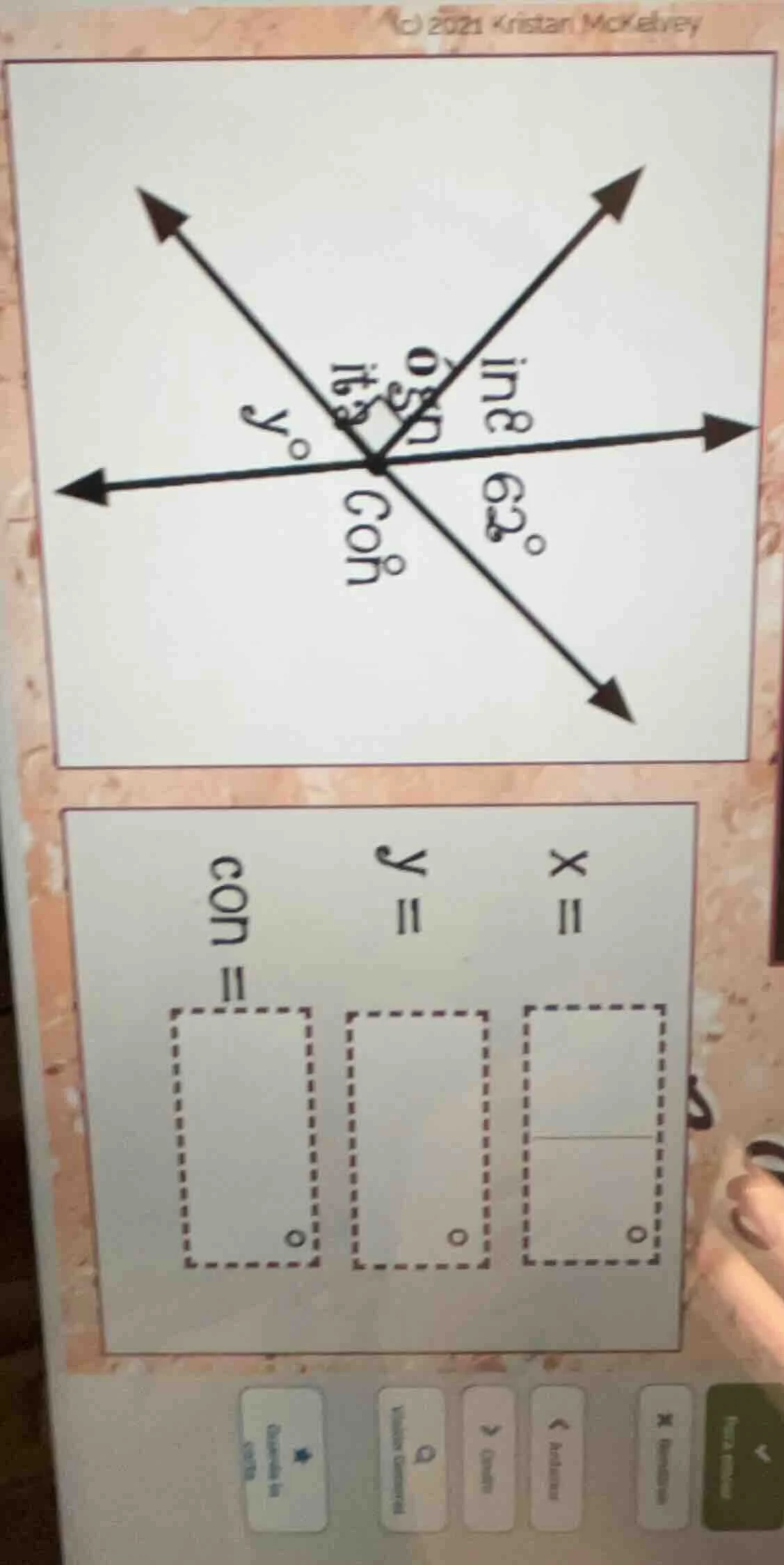 there is a diagram with intersecting lines, one angle is 62 degrees. we…