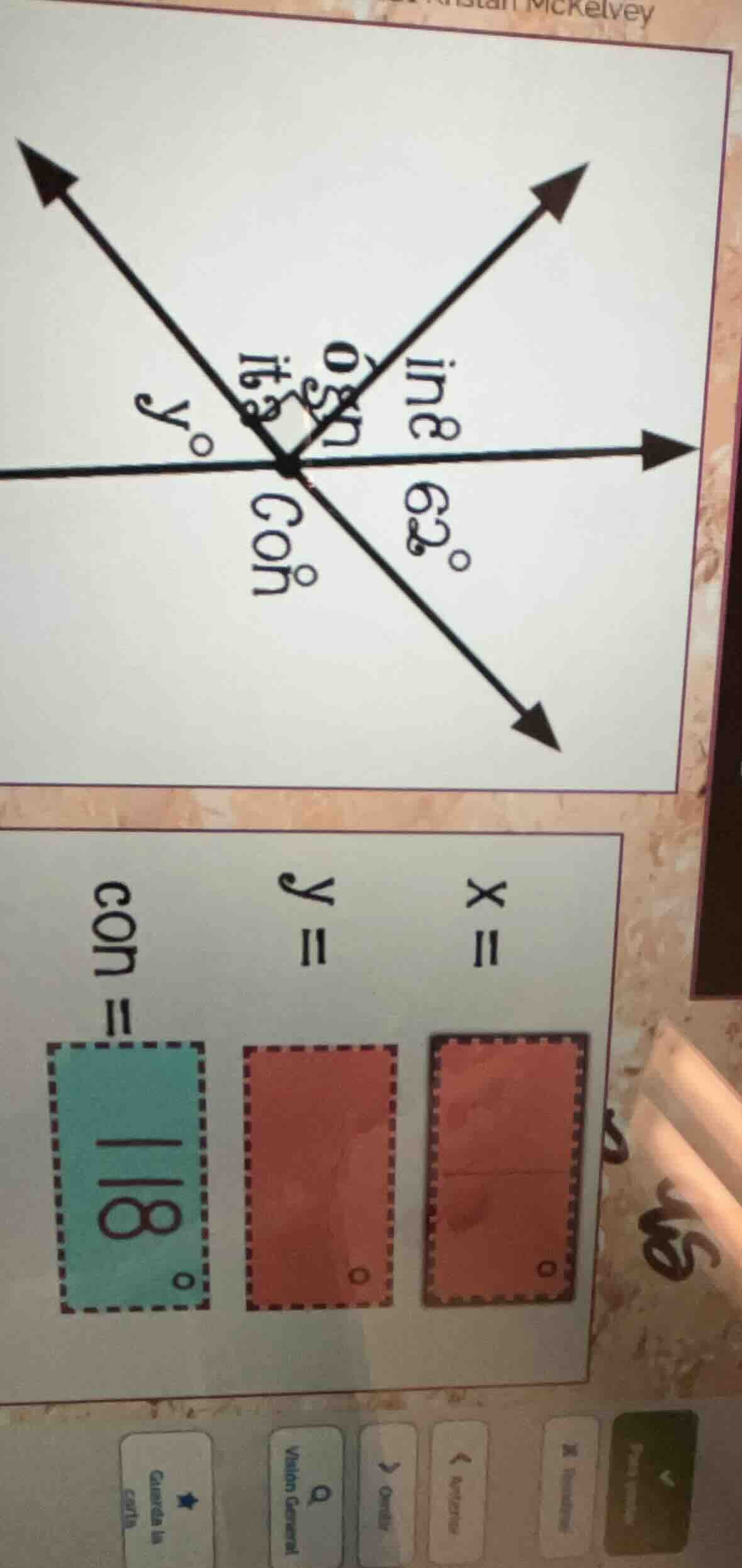 there is a diagram with intersecting lines, angles labeled 62° and y°, …