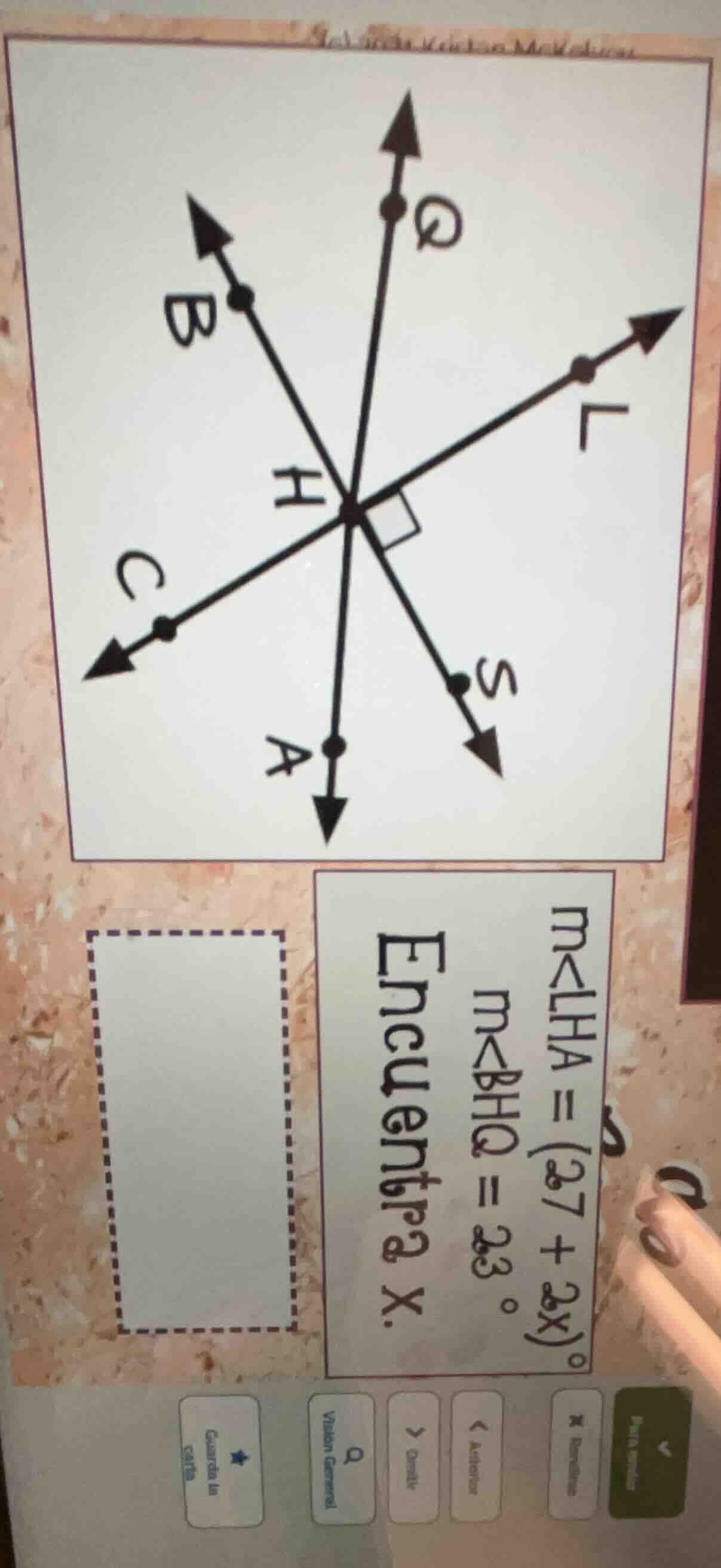 encuentra x. m∠lha = (27 + 2x)° m∠bhq = 23°