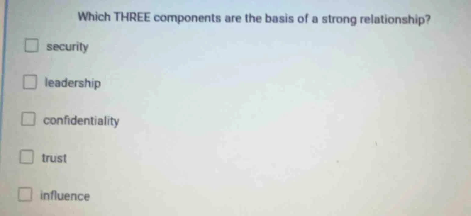 which three components are the basis of a strong relationship? □ securi…