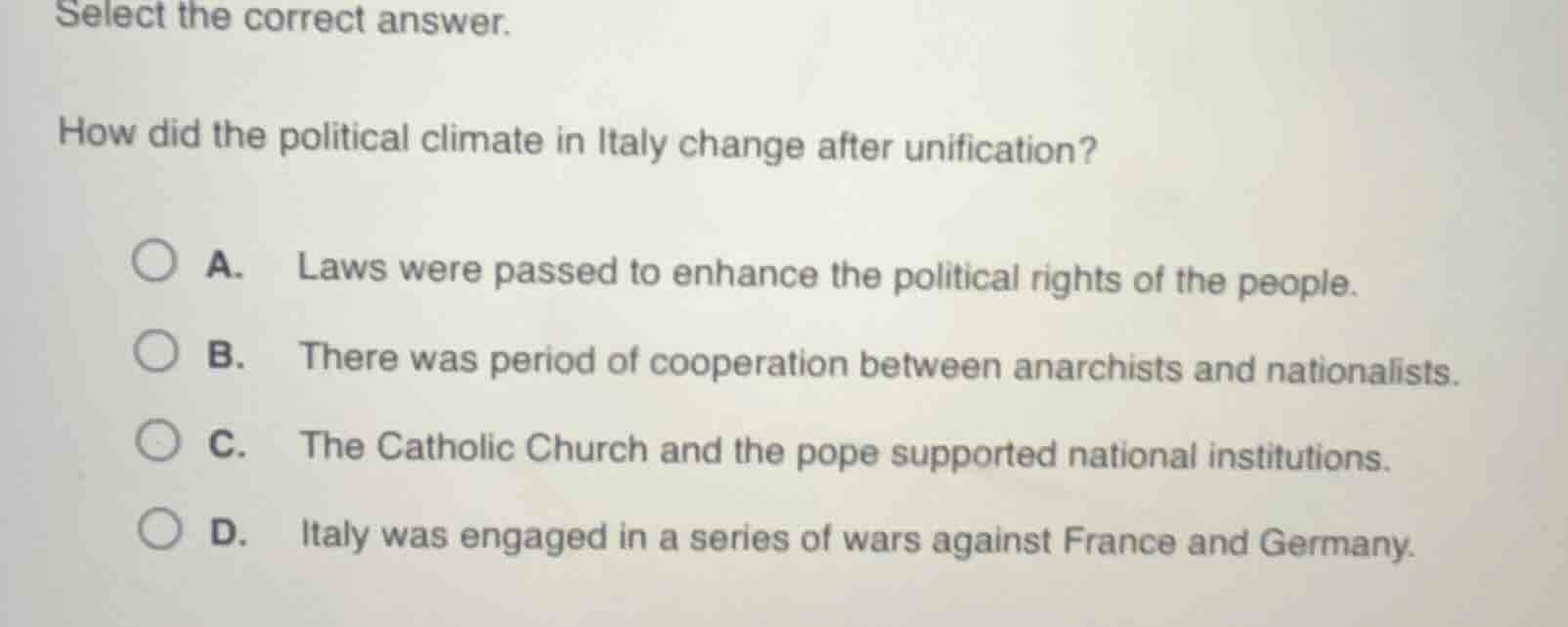 select the correct answer. how did the political climate in italy chang…