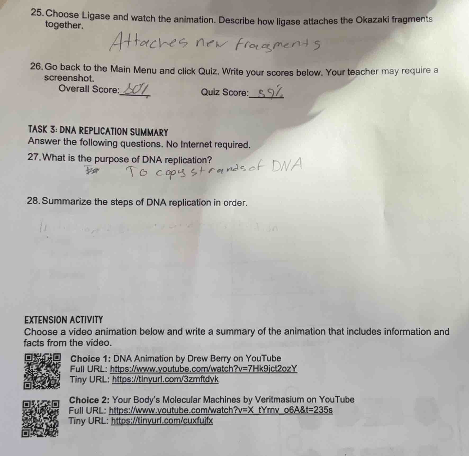 25. choose ligase and watch the animation. describe how ligase attaches…