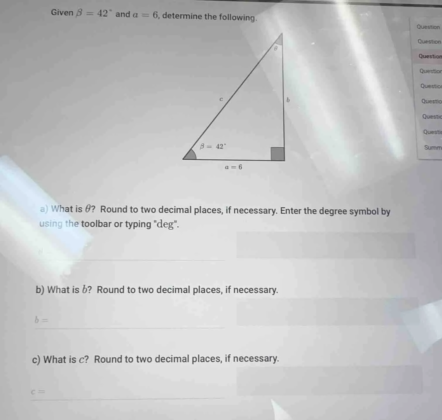 given $\\beta = 42^{\\circ}$ and $a = 6$, determine the following. (ima…