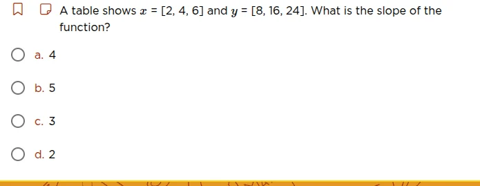 a table shows x = 2, 4, 6 and y = 8, 16, 24. what is the slope of the f…