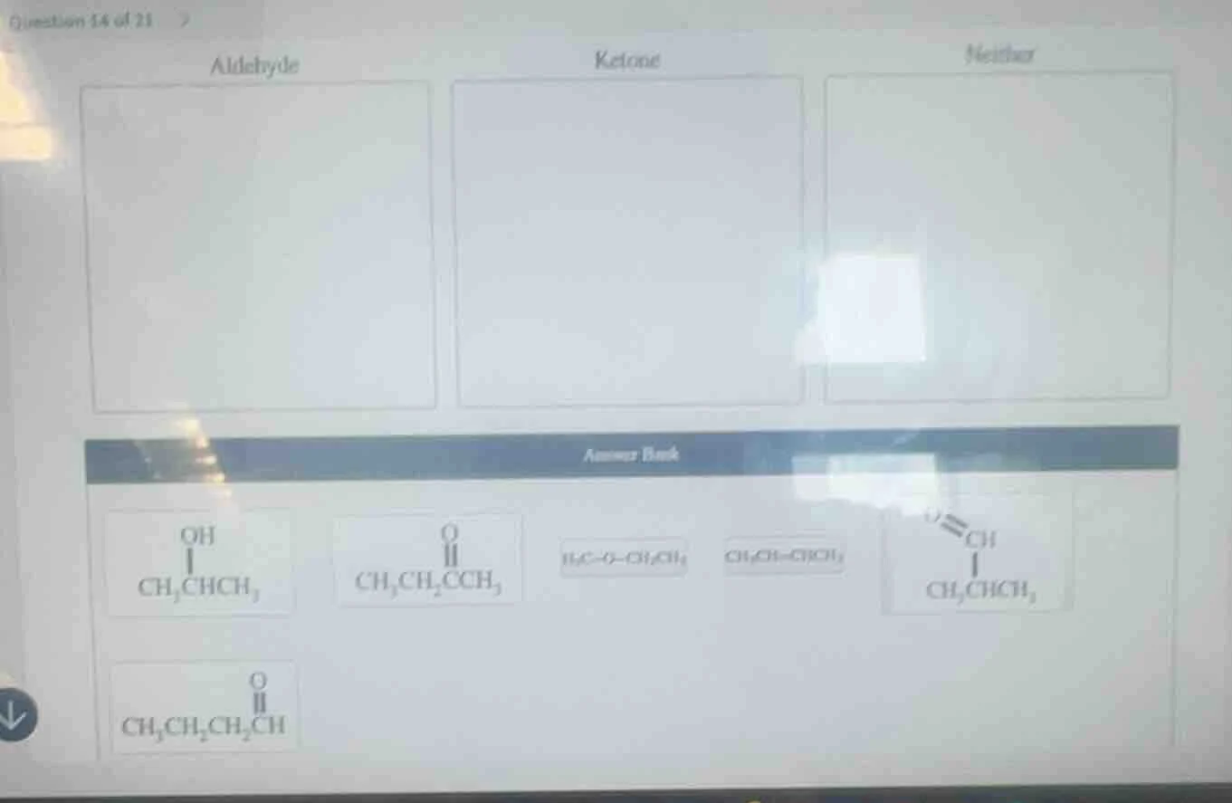 question 14 of 21 aldehvde ketone neither answer bank oh | ch₃chch₃ o |…