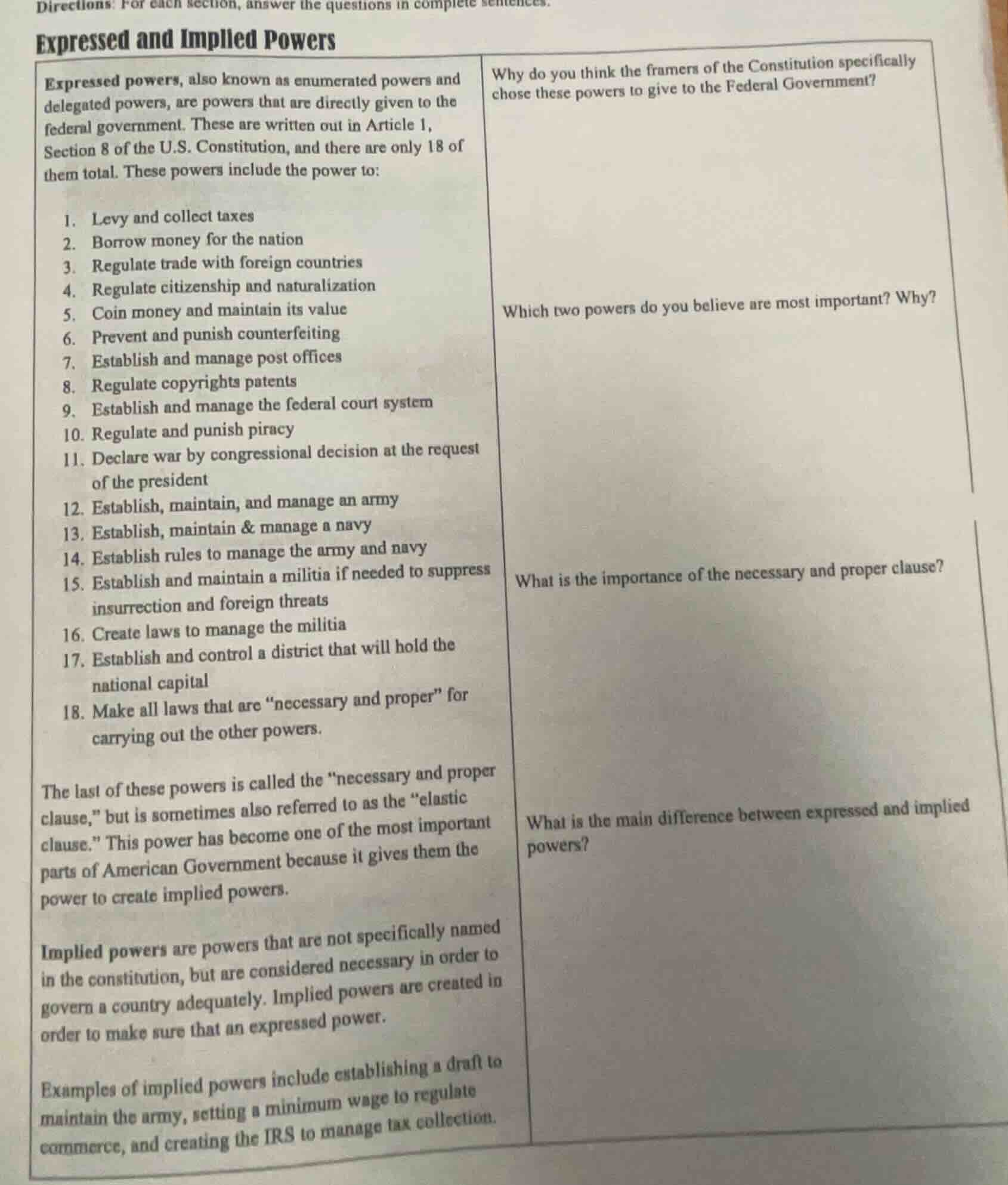 directions: for each section, answer the questions in complete sentence…