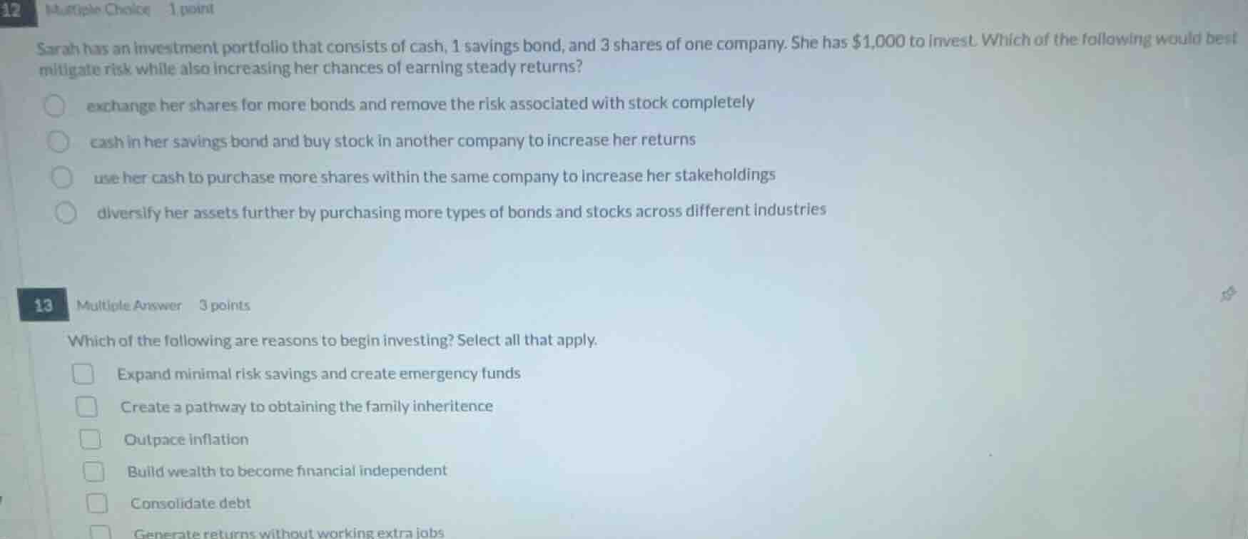 12 multiple choice 1 point sarah has an investment portfolio that consi…