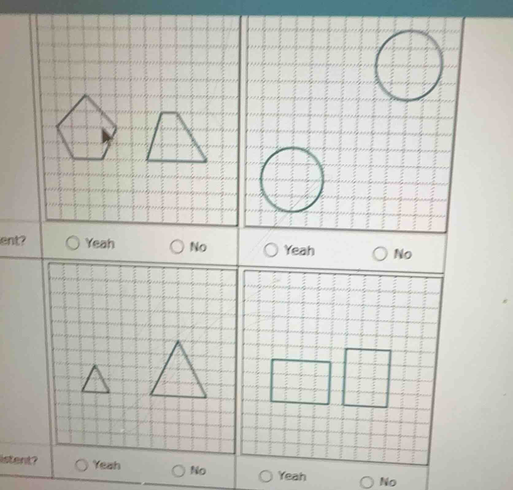 the problem shows four sets of figures on a grid. each set has two figu…