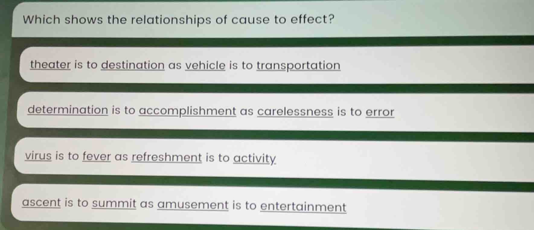 which shows the relationships of cause to effect? theater is to destina…
