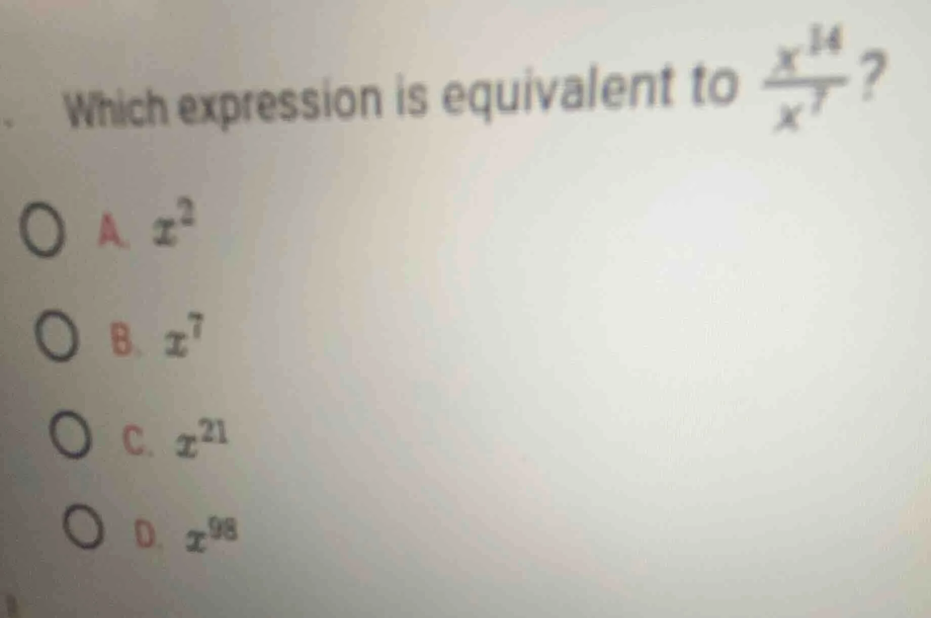 which expression is equivalent to \\(\\frac{x^{14}}{x^{7}}\\)? a. \\(x^…