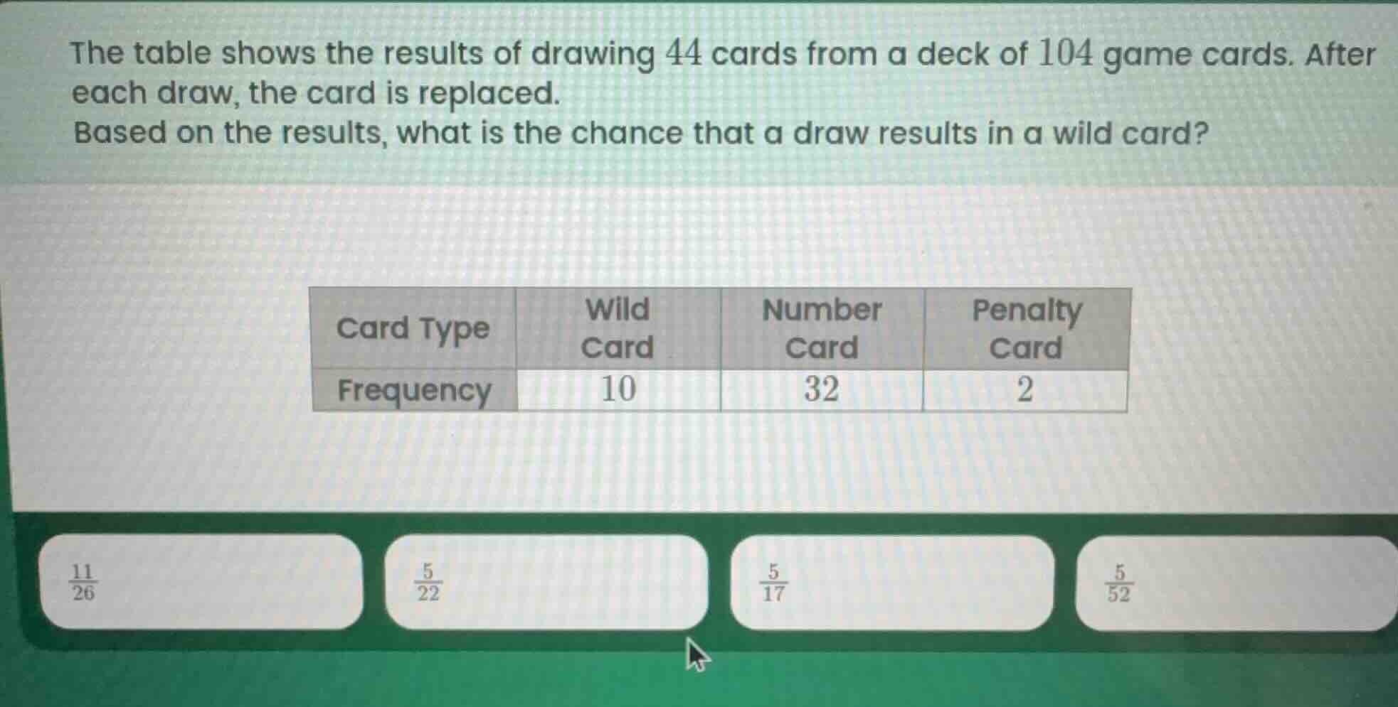 the table shows the results of drawing 44 cards from a deck of 104 game…
