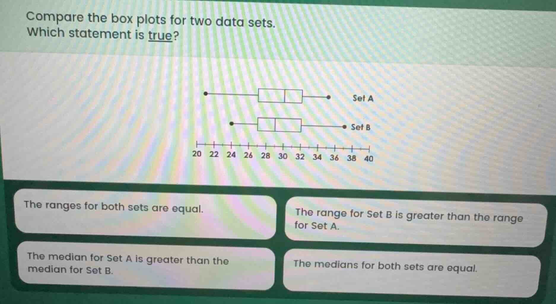 compare the box plots for two data sets. which statement is true? box p…