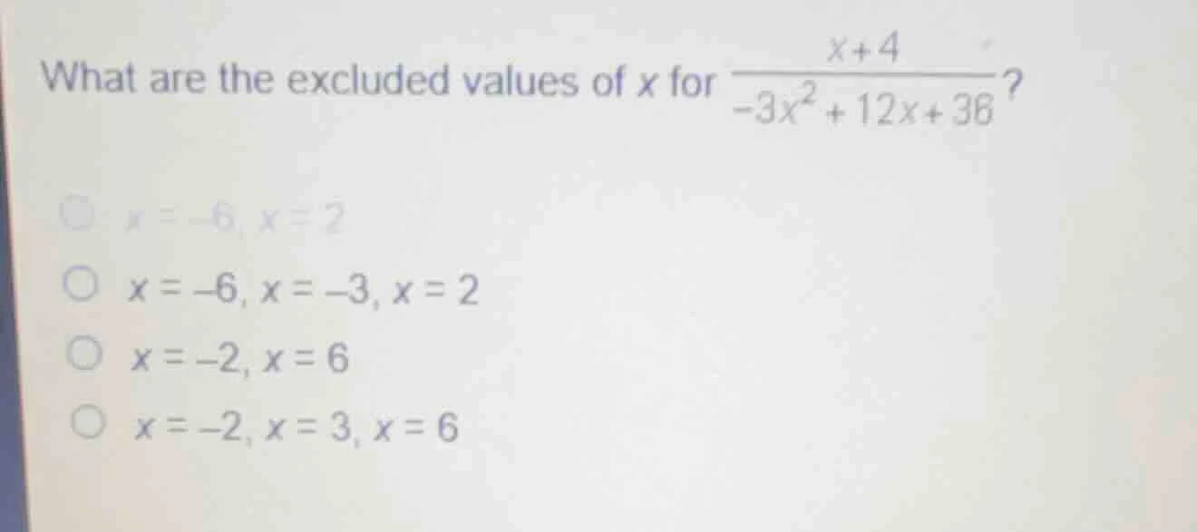 what are the excluded values of x for \\(\\frac{x + 4}{-3x^2 + 12x + 36…
