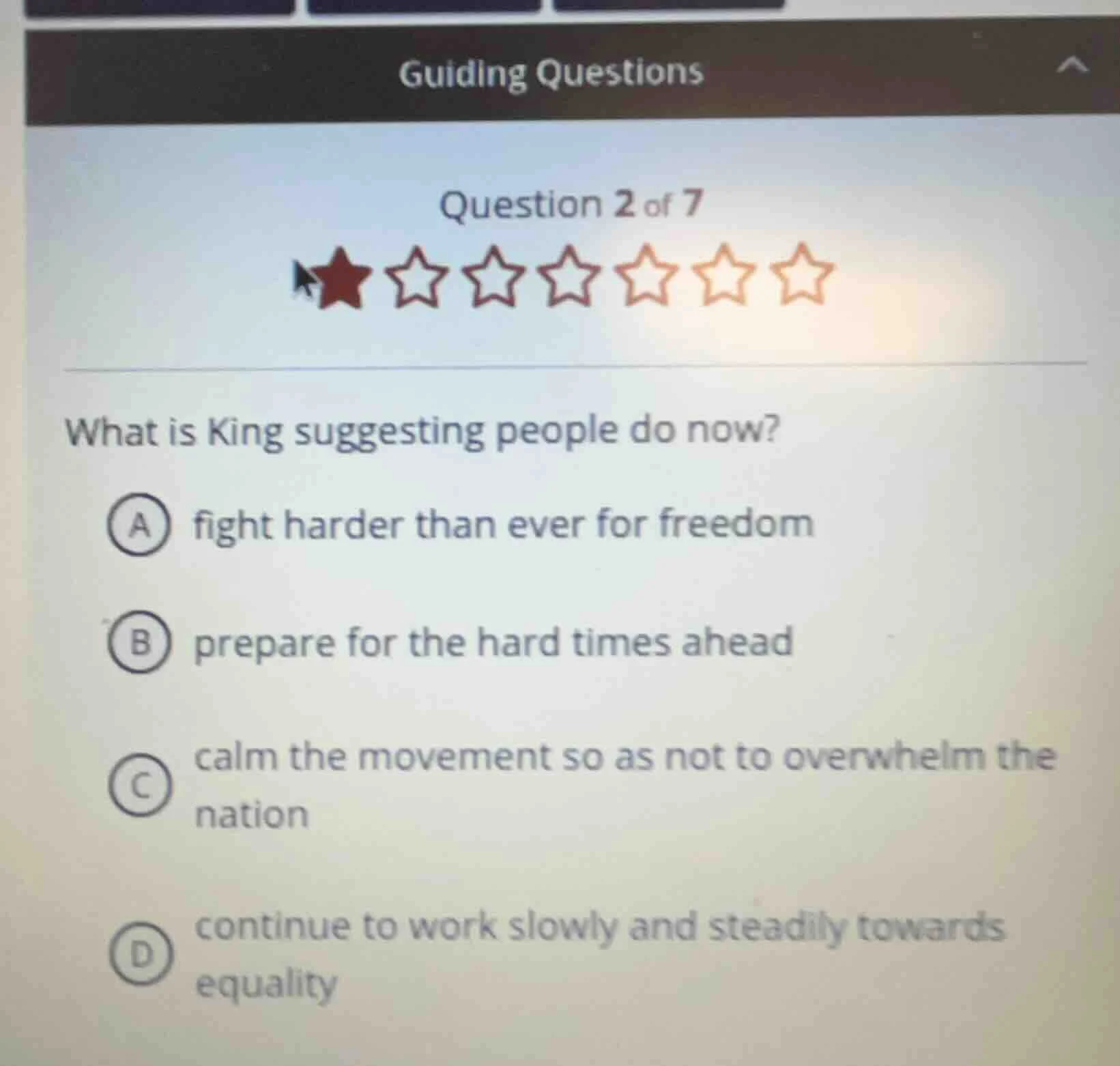 guiding questions question 2 of 7 what is king suggesting people do now…