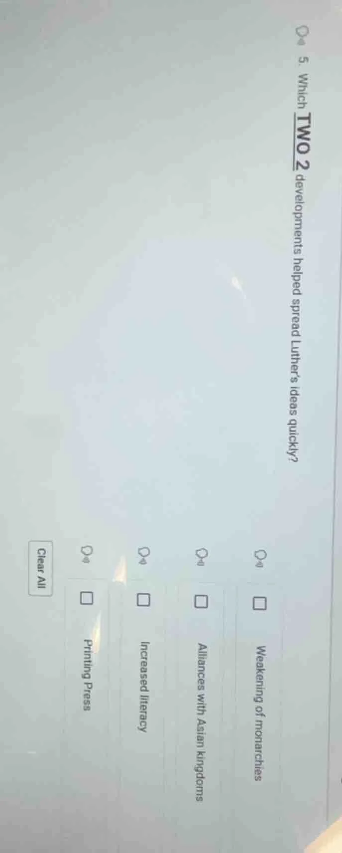 5. which two 2 developments helped spread luthers ideas quickly? weaken…