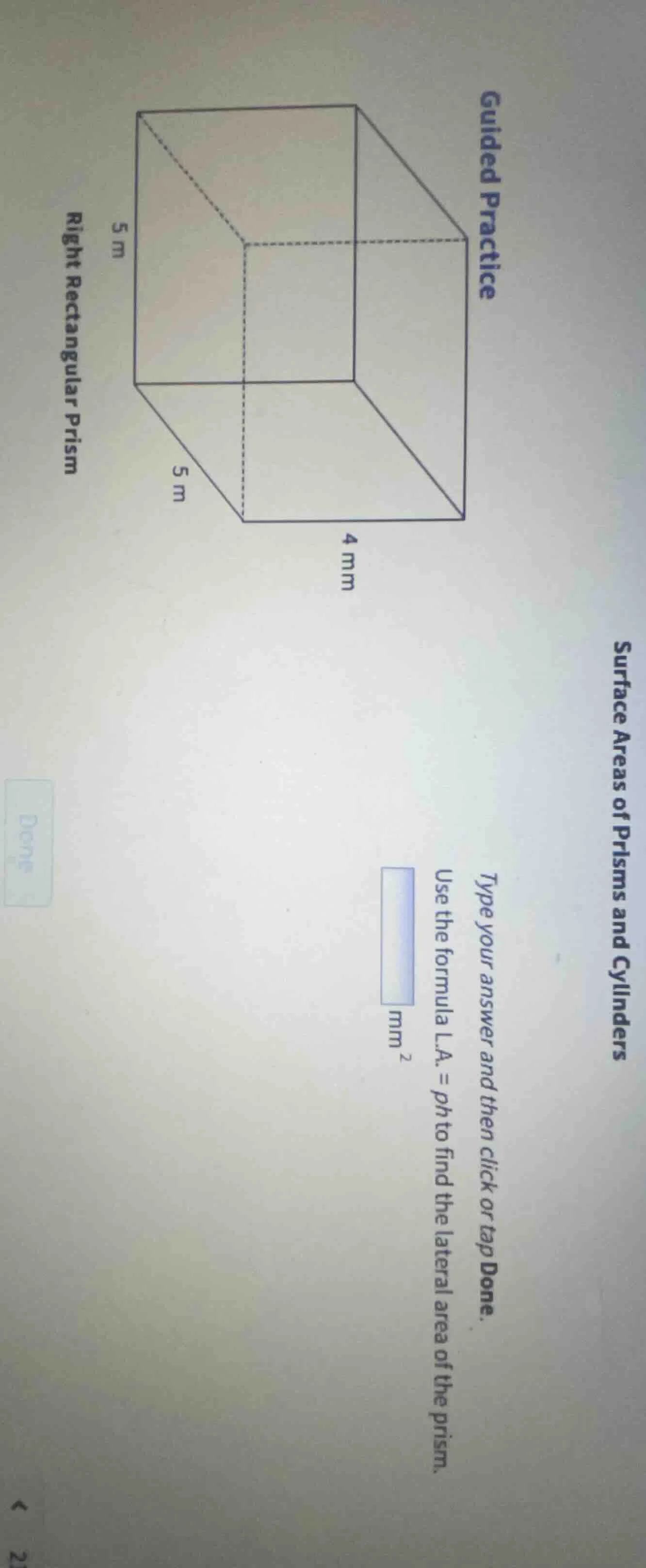 guided practice right rectangular prism use the formula l.a. = p*h to f…