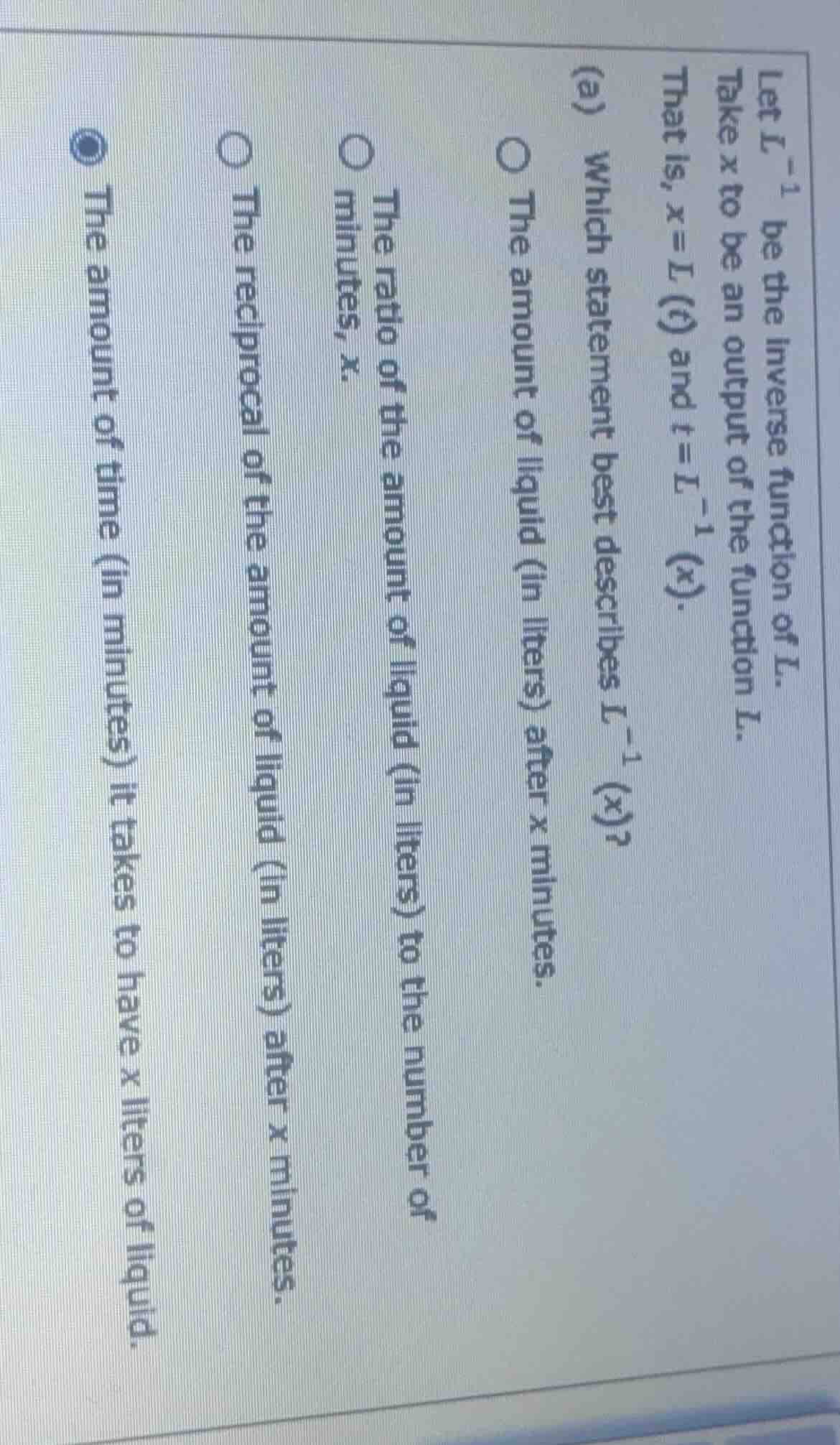 let ( l^{-1} ) be the inverse function of ( l ). take ( x ) to be an ou…
