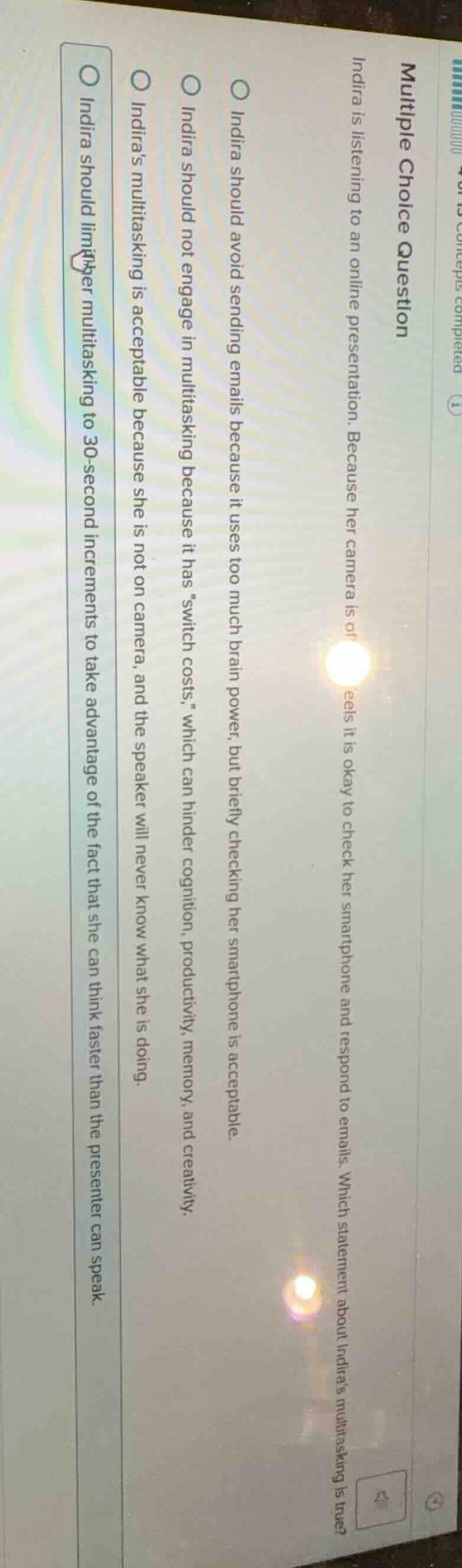 multiple choice question indira is listening to an online presentation.…