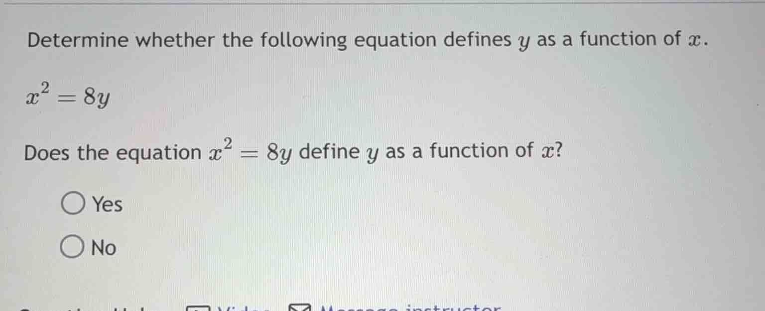 determine whether the following equation defines y as a function of x. …