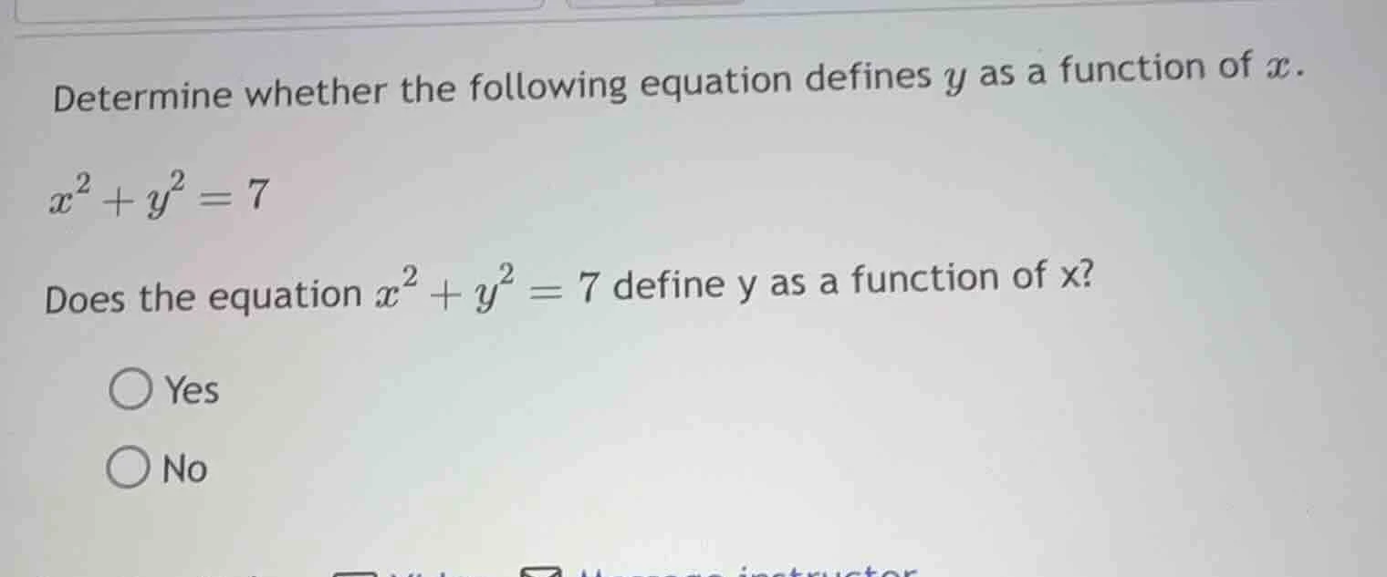 determine whether the following equation defines y as a function of x. …