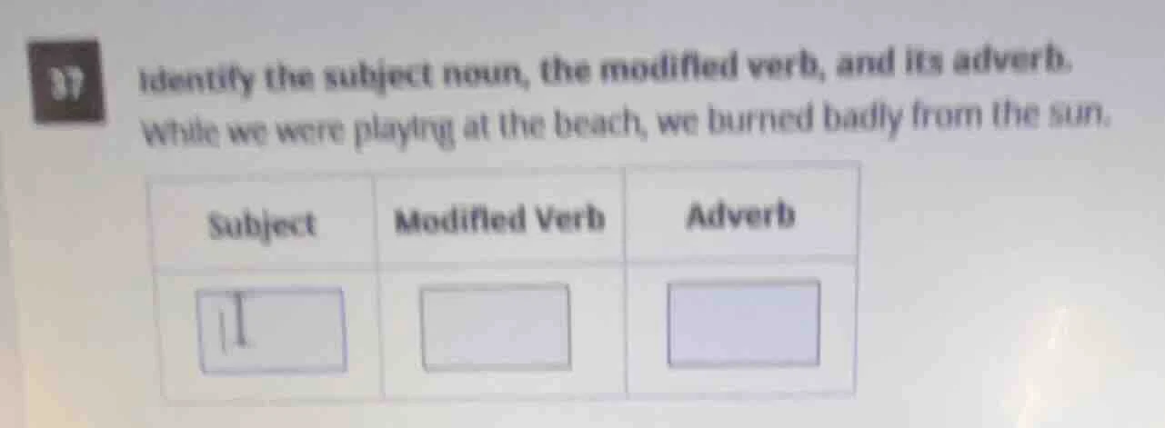37 identify the subject noun, the modified verb, and its adverb. while …