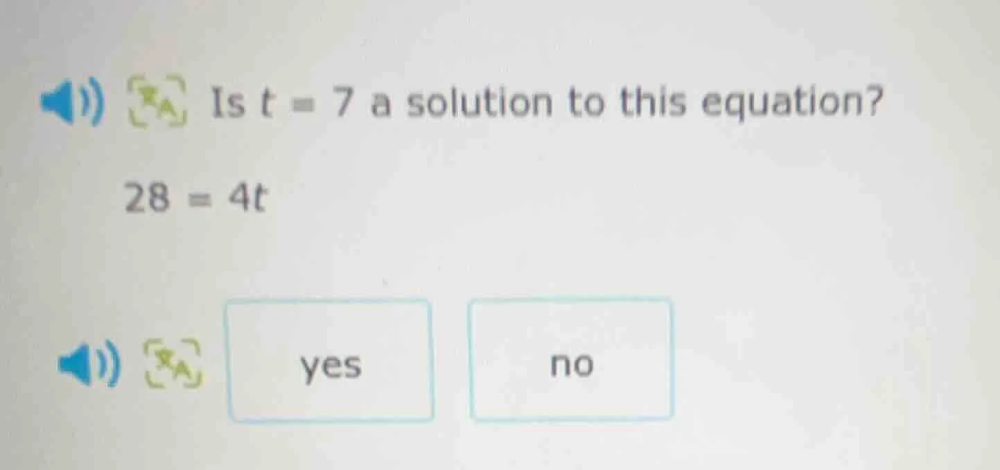is t = 7 a solution to this equation? 28 = 4t