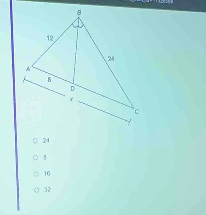 in the triangle figure, side ab is 12, side bc is 24, segment ad is 8, …