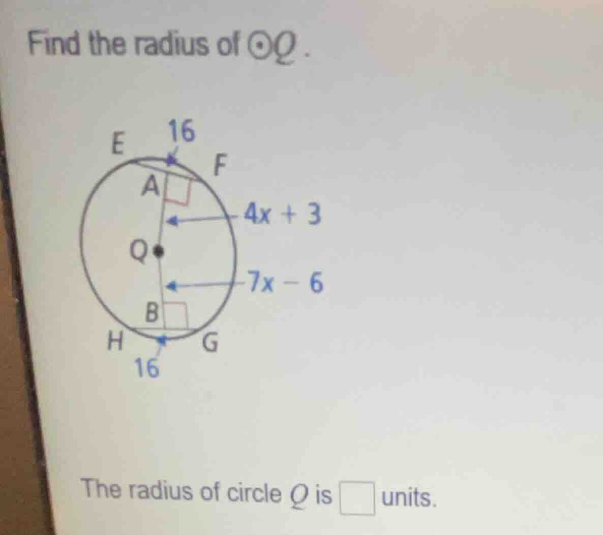 find the radius of \\(\\odot q\\). the radius of circle \\(q\\) is \\(\…