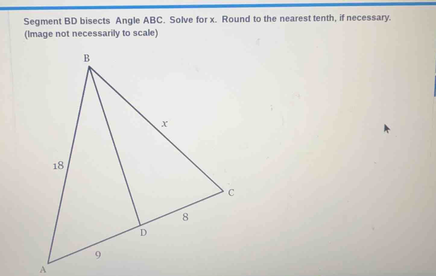 segment bd bisects angle abc. solve for x. round to the nearest tenth, …