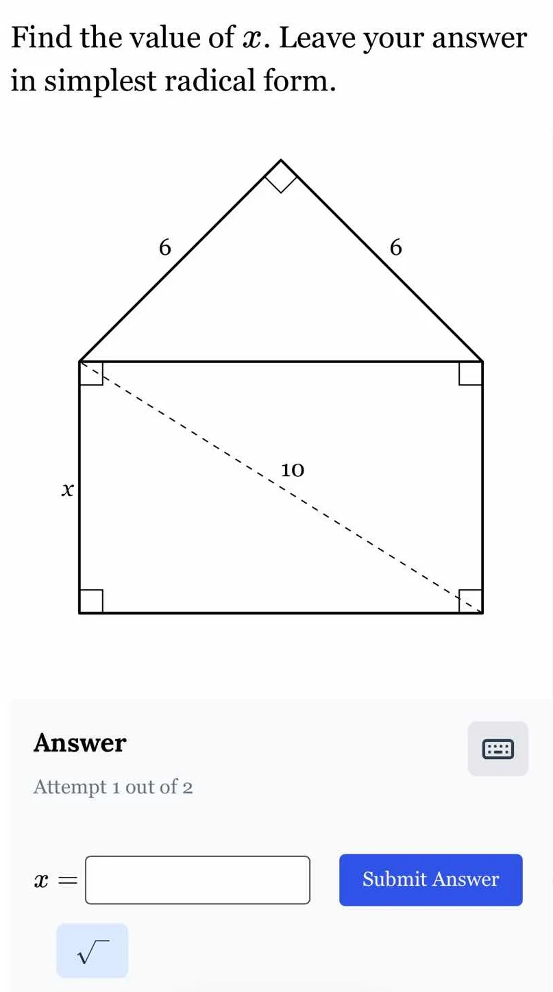 find the value of ( x ). leave your answer in simplest radical form. im…