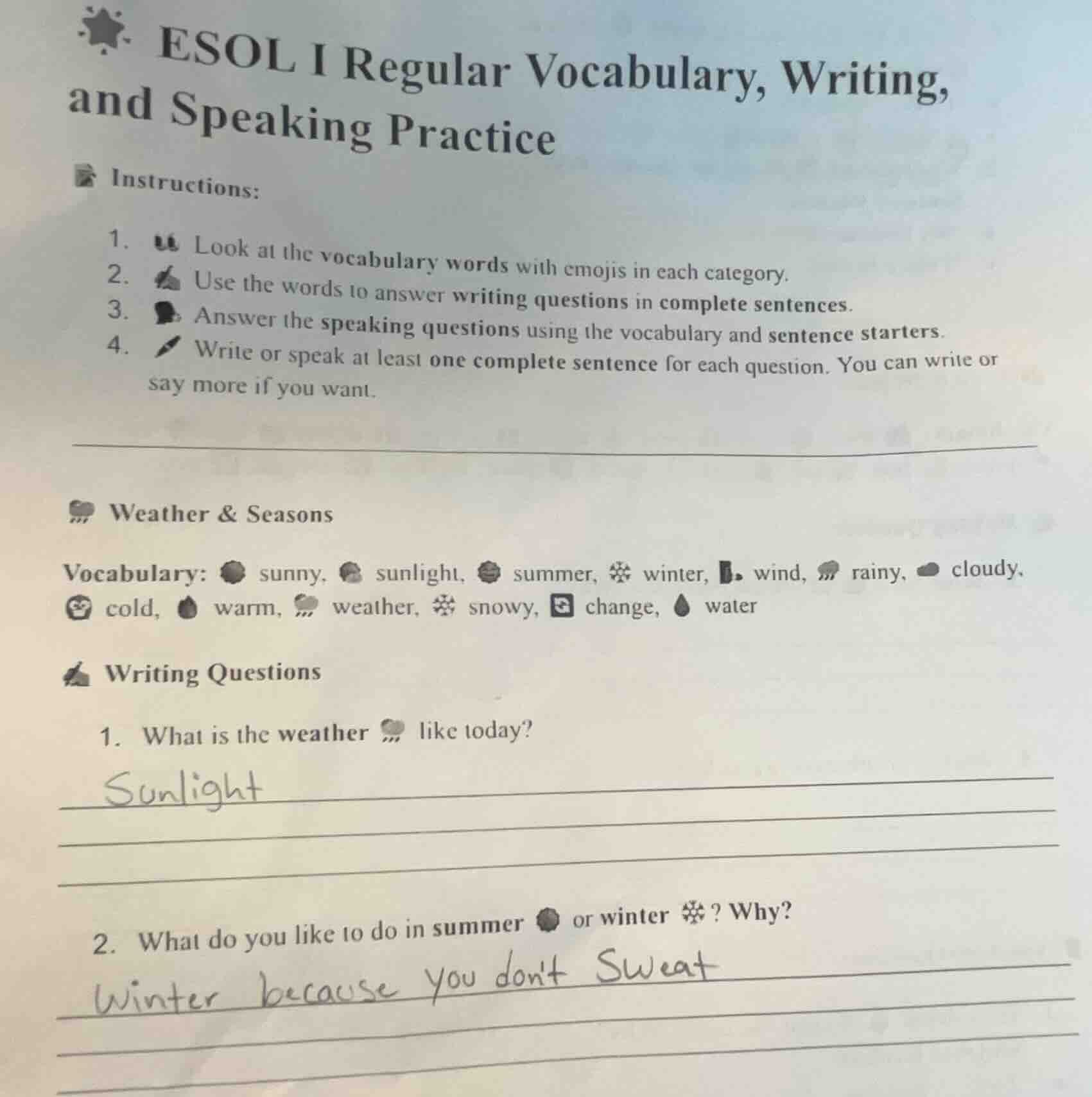 esol i regular vocabulary, writing, and speaking practice instructions:…