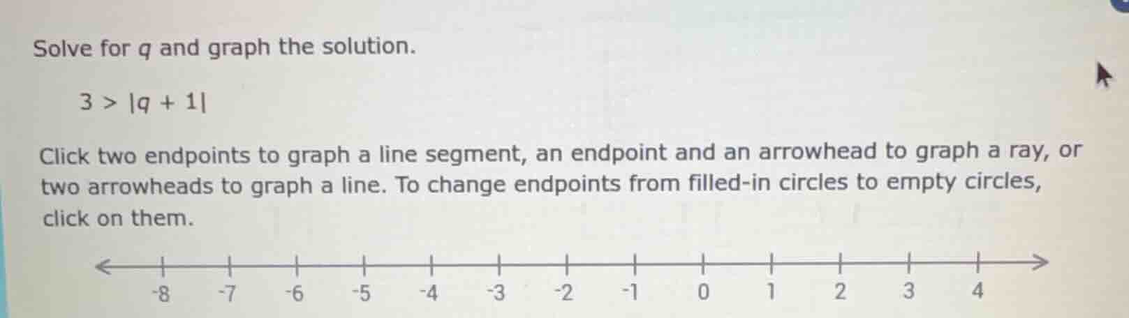 solve for q and graph the solution. 3 > |q + 1| click two endpoints to …