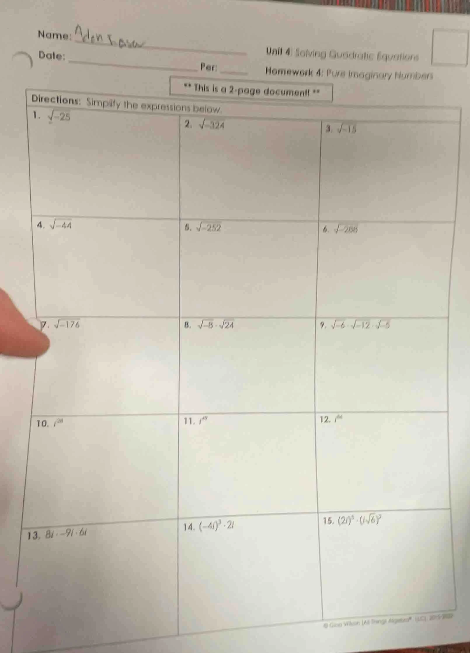 name: aden s biscw date: ______ per: ____ unit 4: solving quadratic equ…