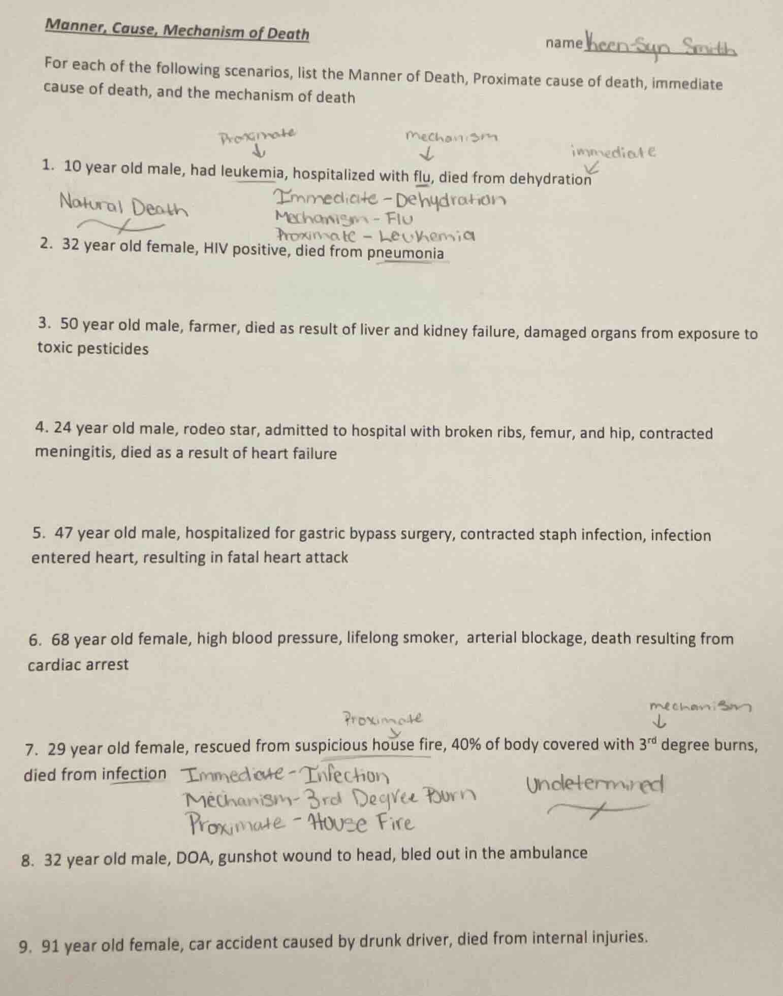 manner, cause, mechanism of death name for each of the following scenar…