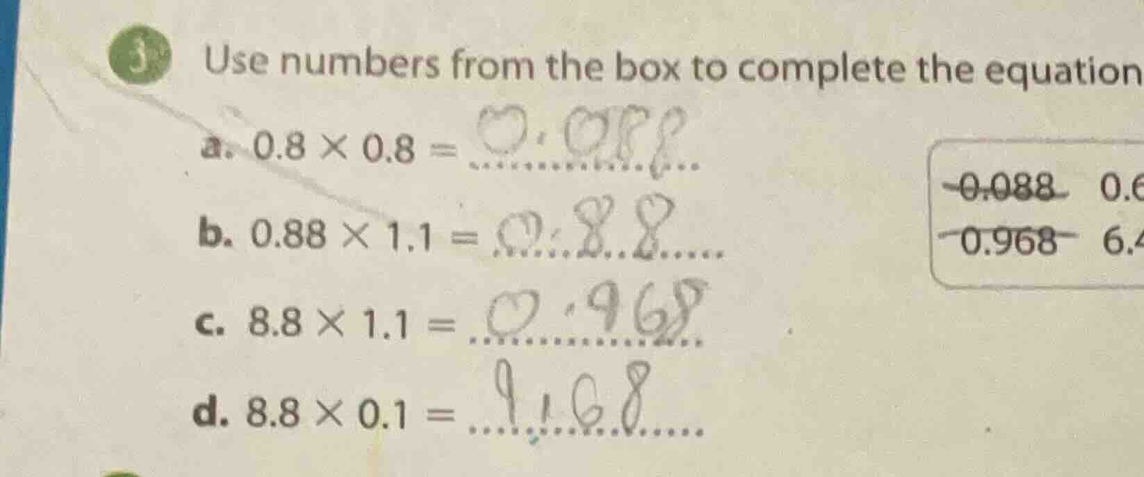 3 use numbers from the box to complete the equation a. $0.8 \\times 0.8…