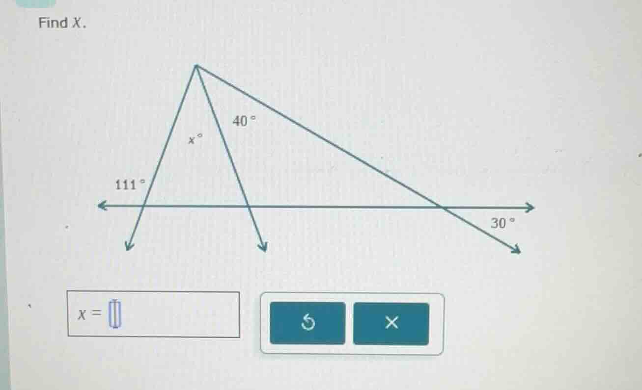 find x. (there is a geometric figure with angles 111°, 40°, 30° and x° …