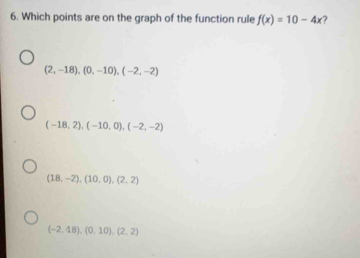 6. which points are on the graph of the function rule $f(x) = 10 - 4x$?…