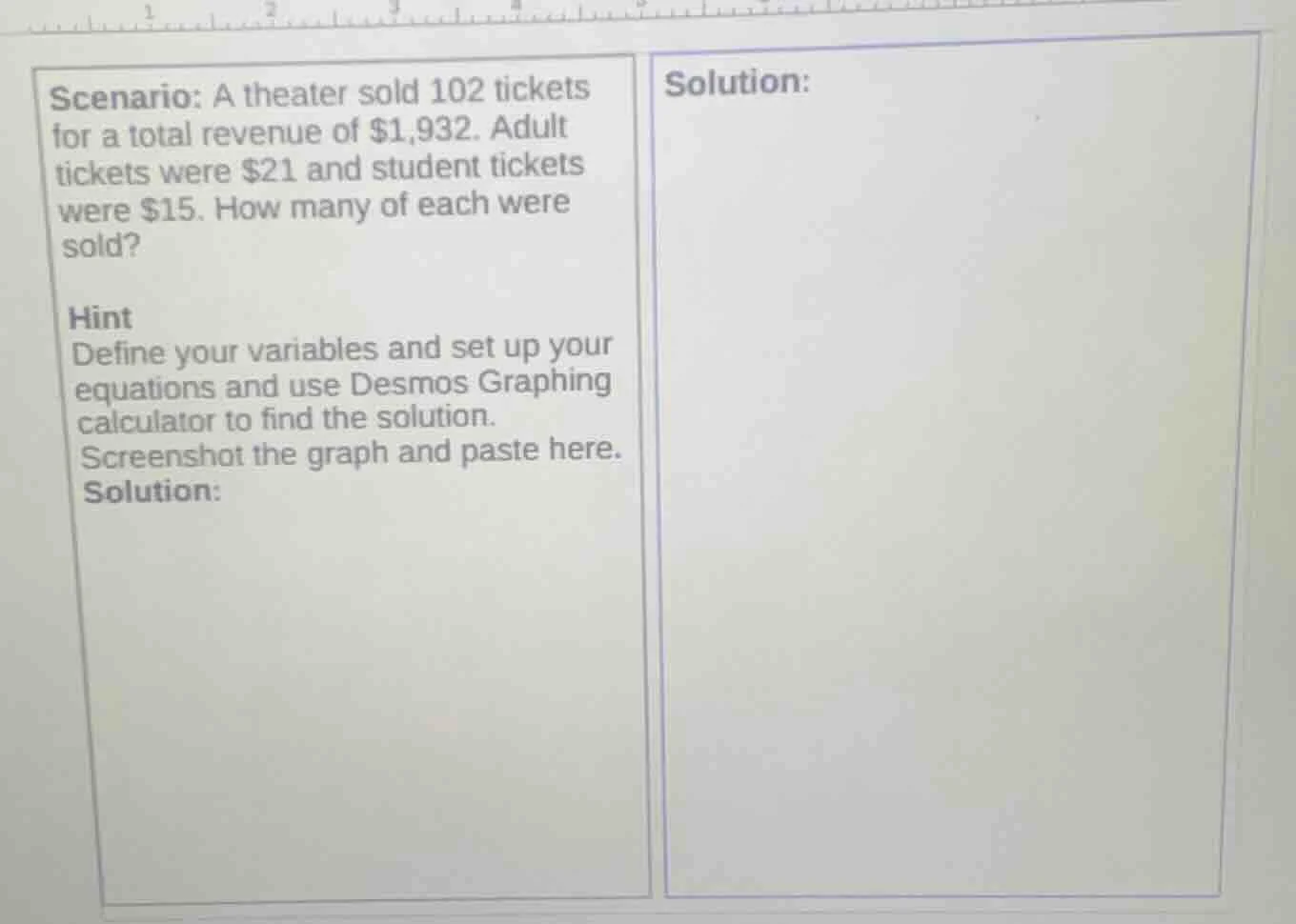 scenario: a theater sold 102 tickets for a total revenue of $1,932. adu…