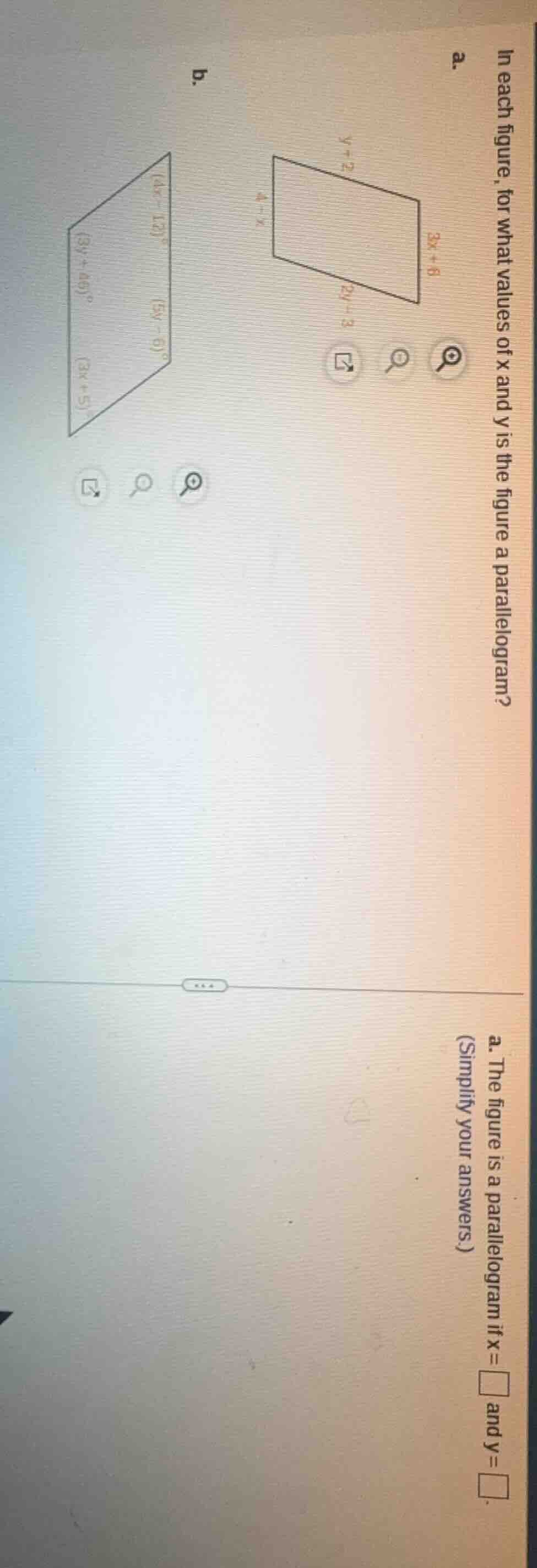 in each figure, for what values of x and y is the figure a parallelogra…