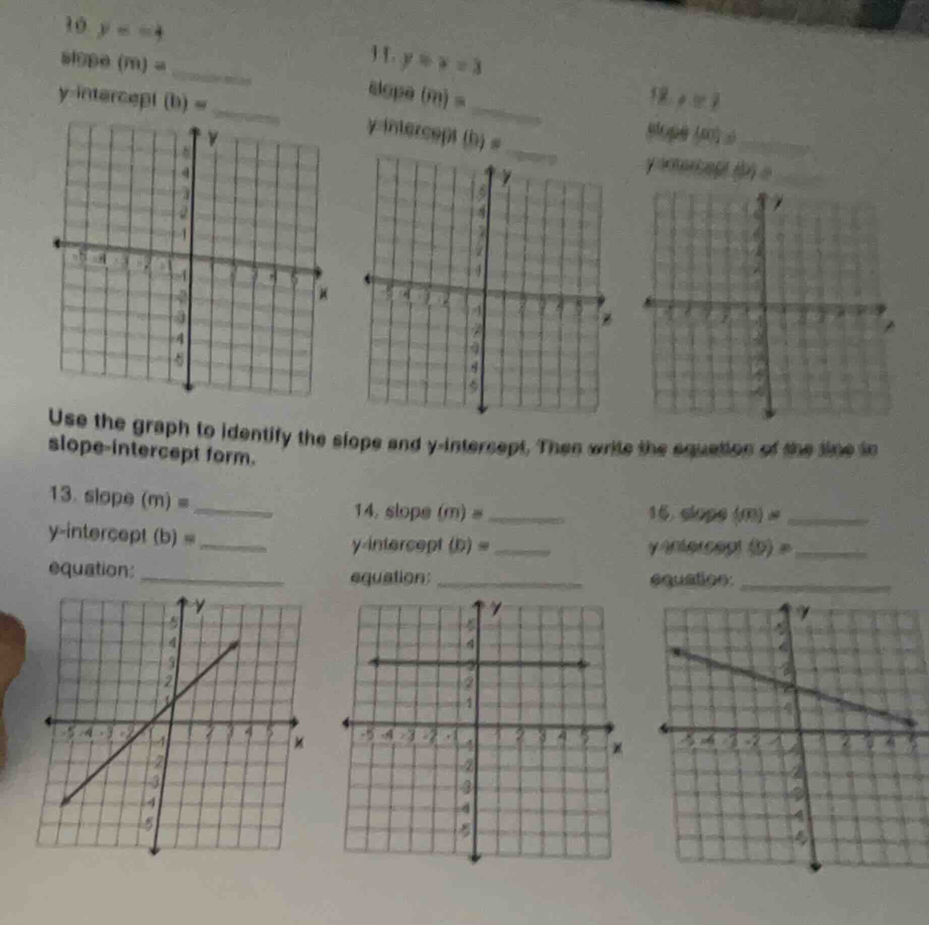 10. y = -4 slope (m) = y-intercept (b) = 11. y + x = 3 slope (m) = y-in…