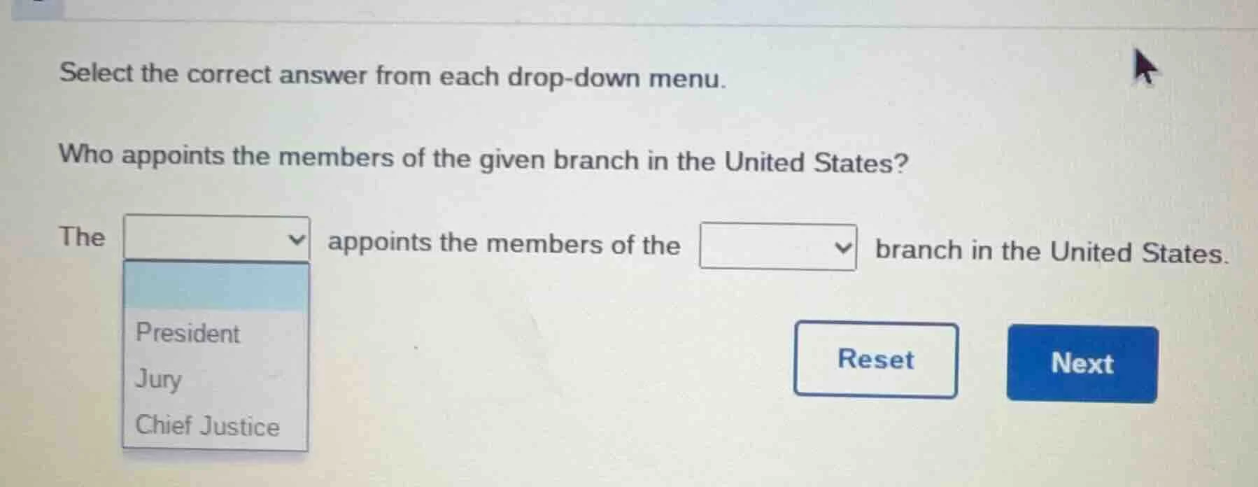 select the correct answer from each drop-down menu. who appoints the me…