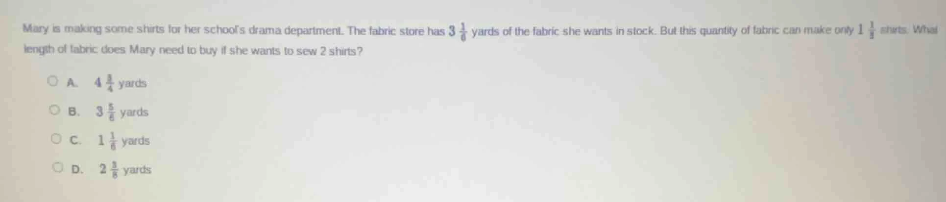 mary is making some shirts for her schools drama department. the fabric…