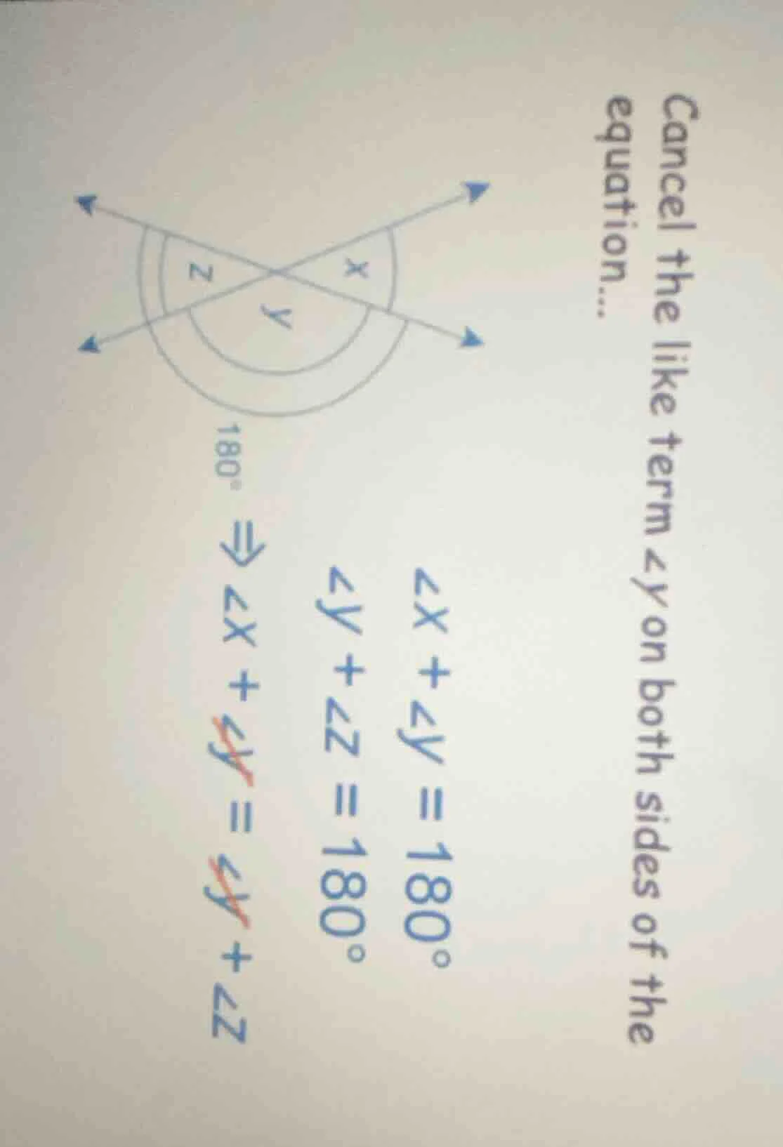 cancel the like term ∠y on both sides of the equation... ∠x + ∠y = 180°…