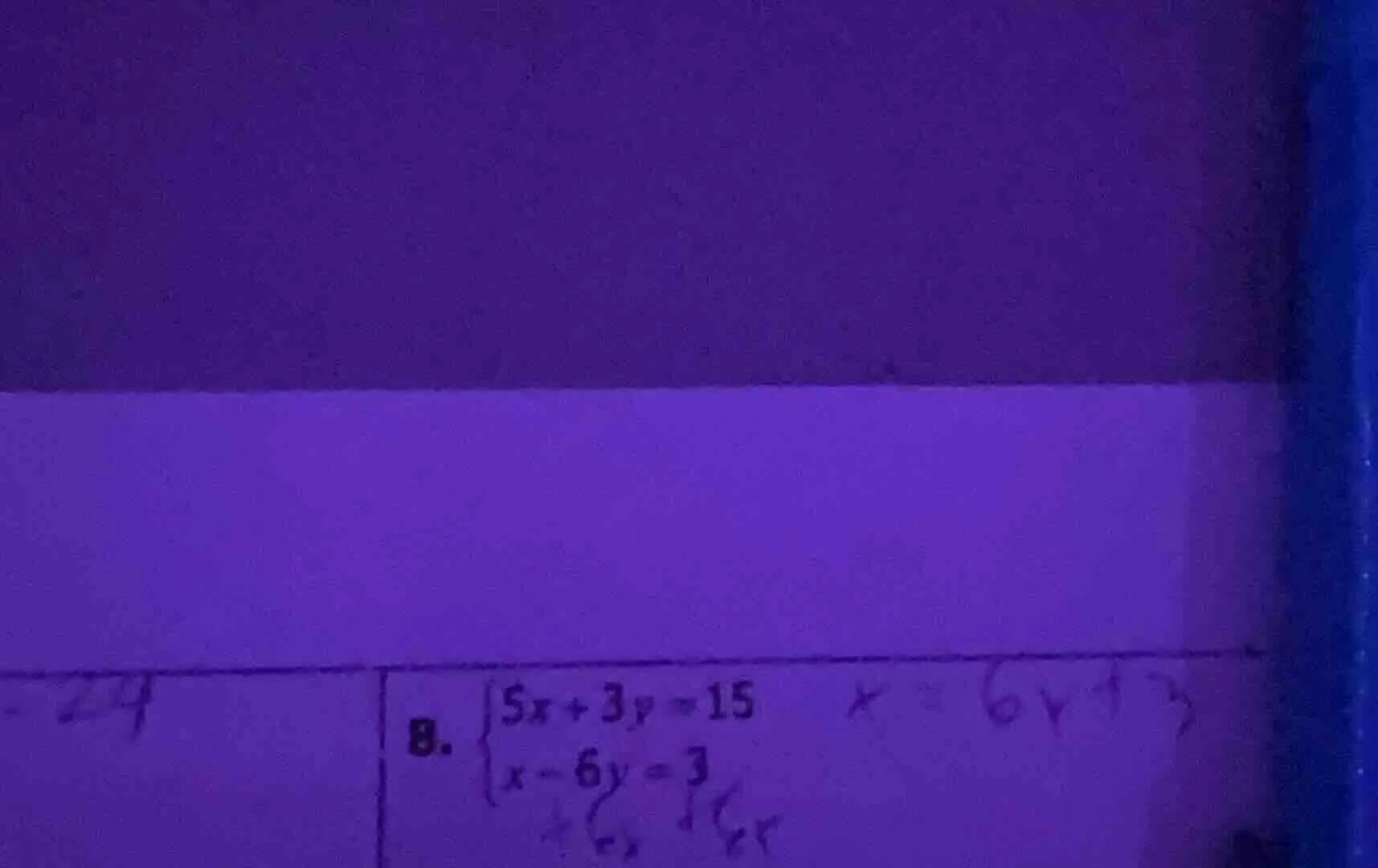 8. \\begin{cases} 5x + 3y = 15 \\\\ x - 6y = 3 \\end{cases}