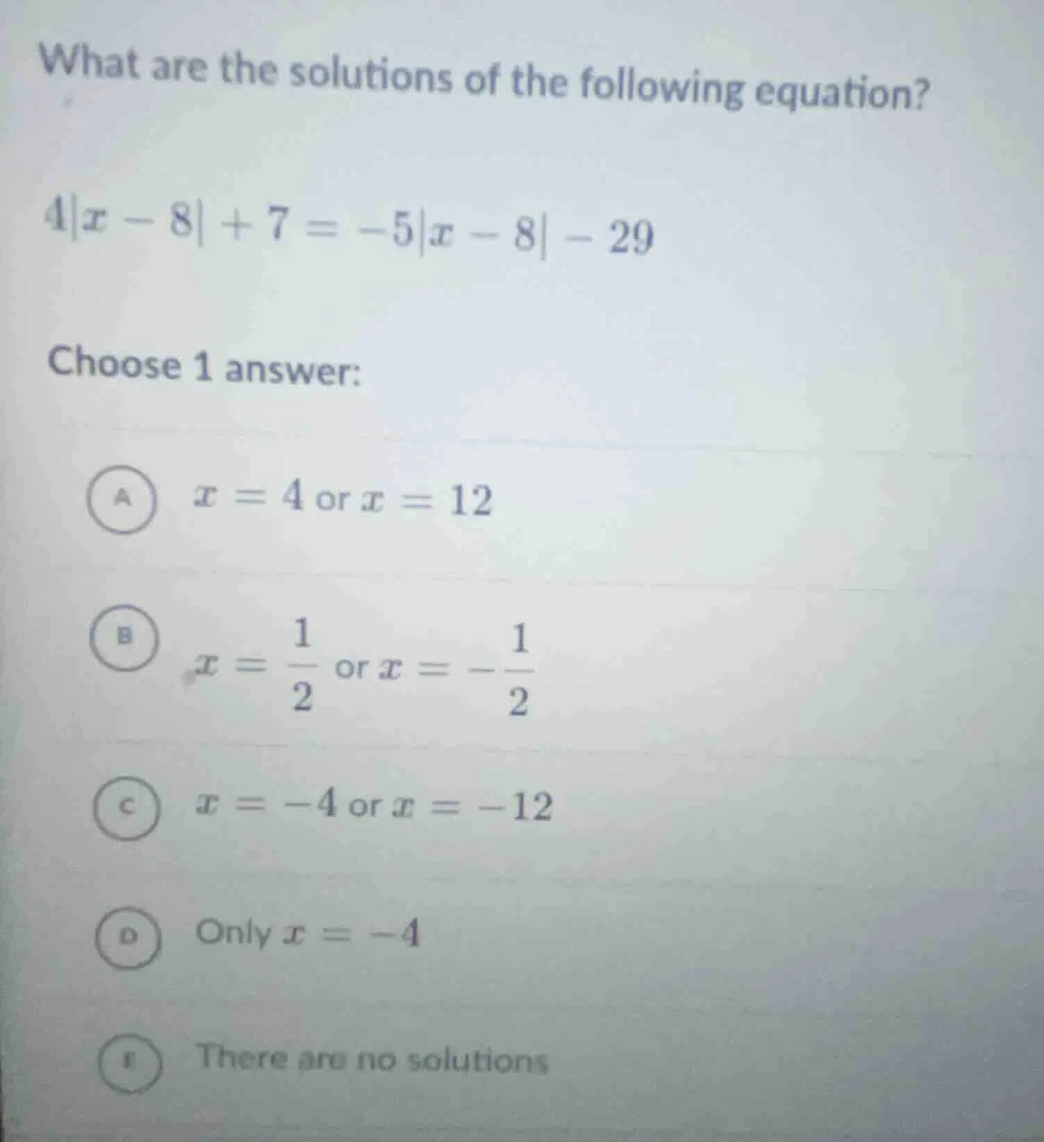 what are the solutions of the following equation? $4|x - 8| + 7 = -5|x …