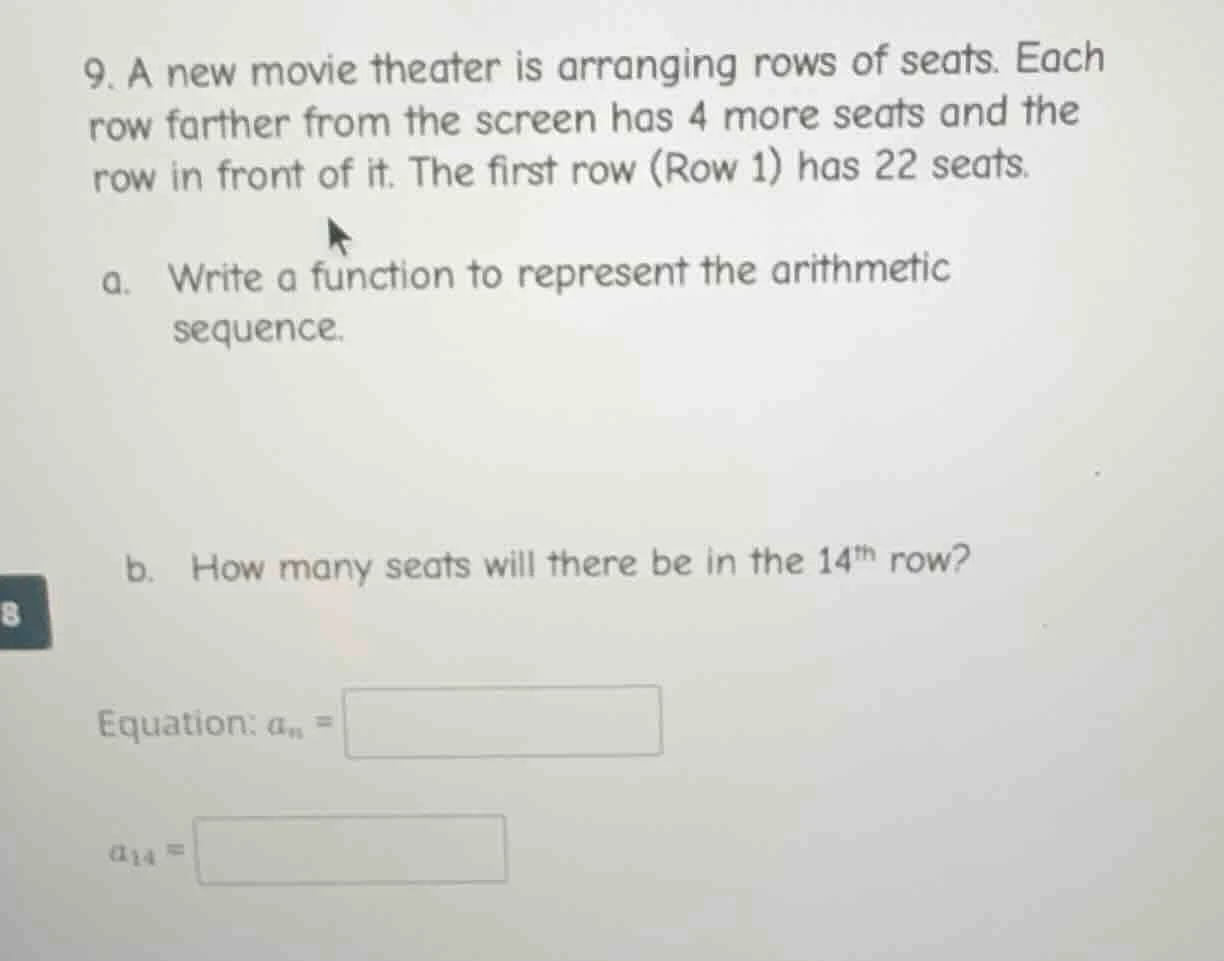 9. a new movie theater is arranging rows of seats. each row farther fro…