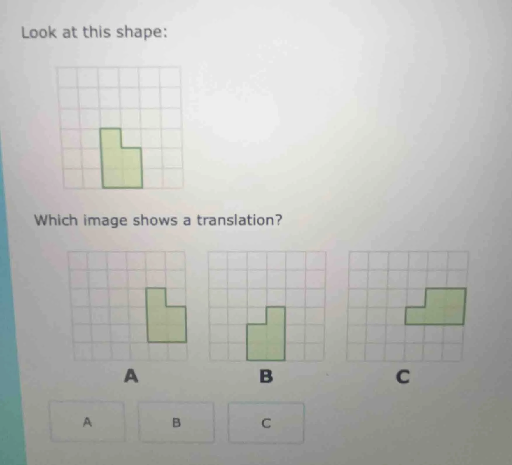 look at this shape: image of a grid with a green l - shaped figure whic…