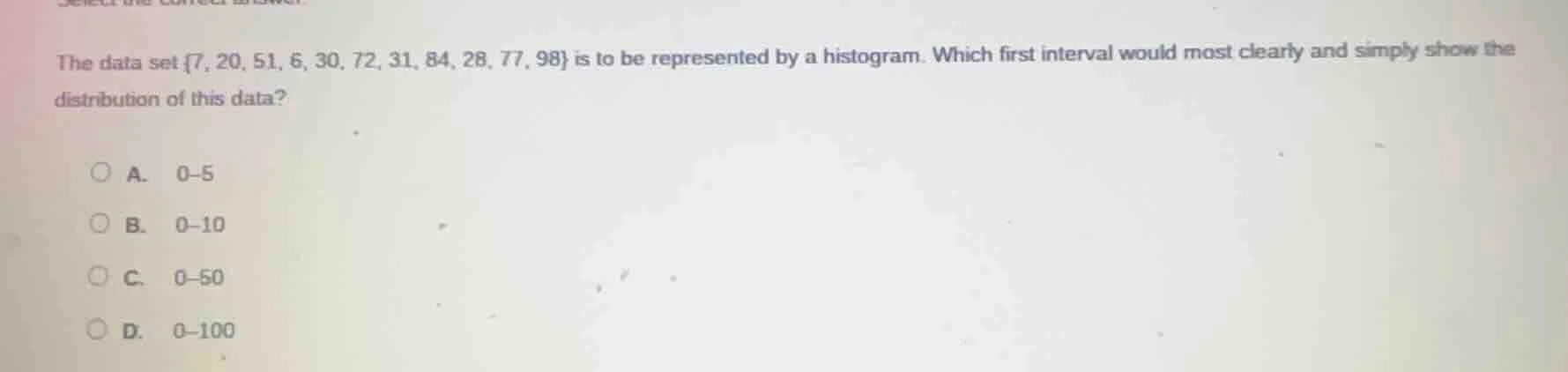 the data set {7, 20, 51, 6, 30, 72, 31, 84, 28, 77, 98} is to be repres…