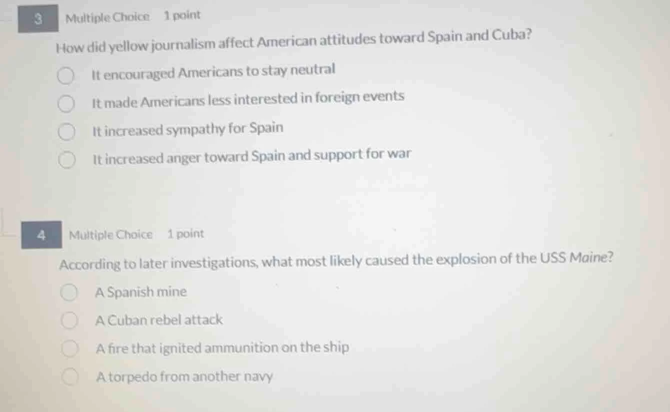 3 multiple choice 1 point how did yellow journalism affect american att…