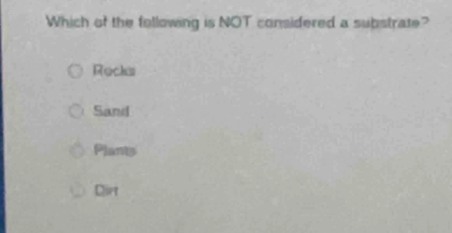 which of the following is not considered a substrate? rocks sand plants…